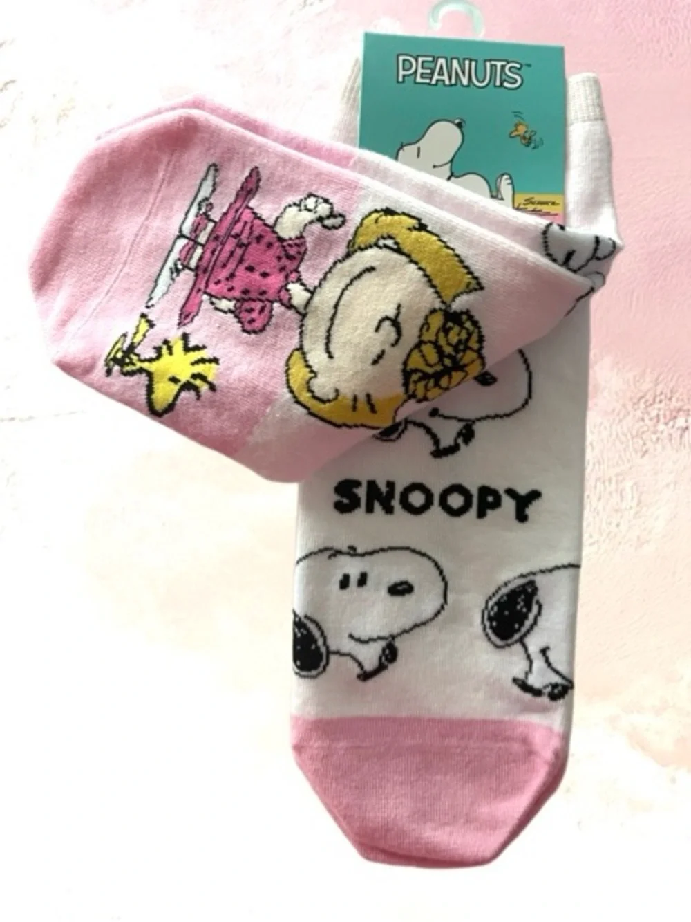 🆕2 PAIRS PEANUTS WHITE & PINK SALLY BROWN, WOODSTOCK & SNOOPY  NO-SHOW SOCKS